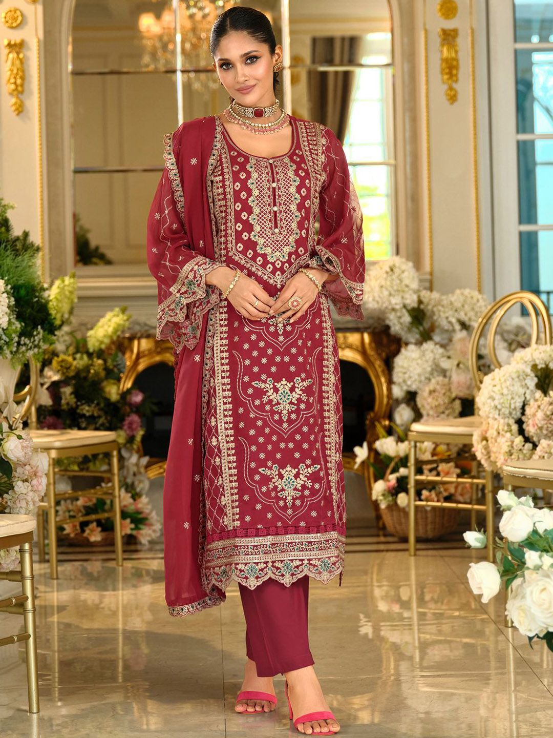 Ethnic Motifs Embroidered Zari Organza Straight Kurta & Trousers With Dupatta