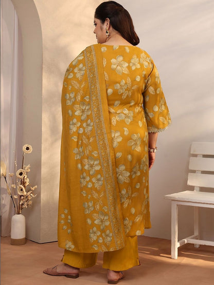 Dhiyona Women's Plus Size Floral Printed Pleated Kurta with Trousers & Dupatta
