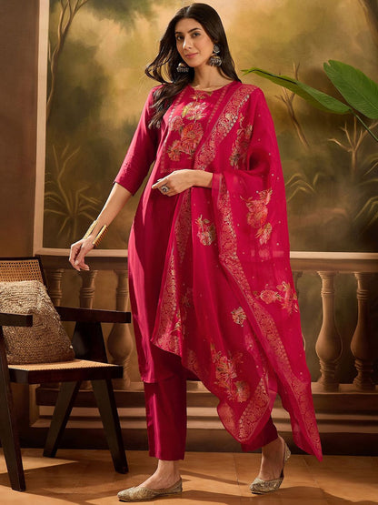 Dhiyona SN Women's Floral Printed Round Neck Kurta With Trousers & Dupatta Set
