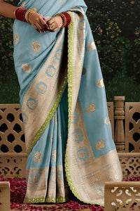 Dhiyona KM Women Sky Blue Banarasi Dola Silk Saree