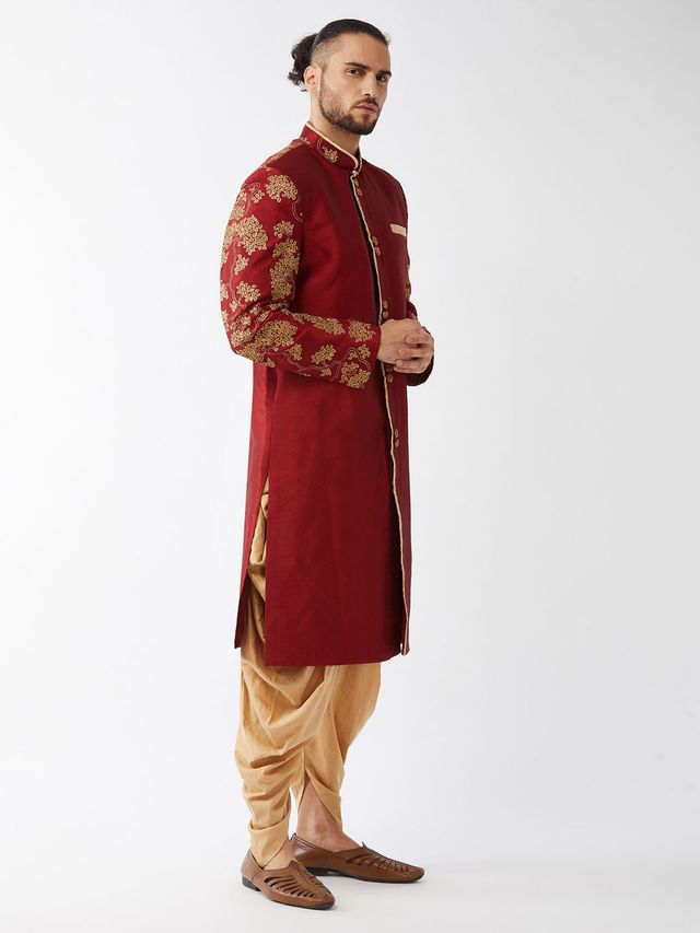 Men's Maroon Silk Blend Regular Sherwani Set