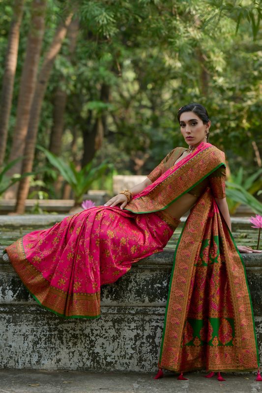 Pink Mahendi Pashmina Silk Saree