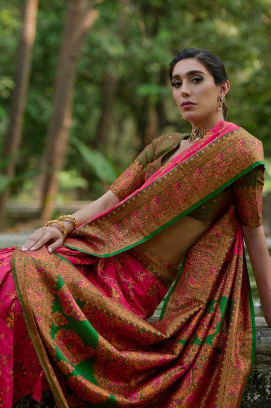 Pink Mahendi Pashmina Silk Saree