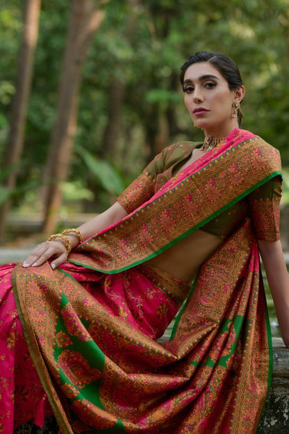 Pink Mahendi Pashmina Silk Saree