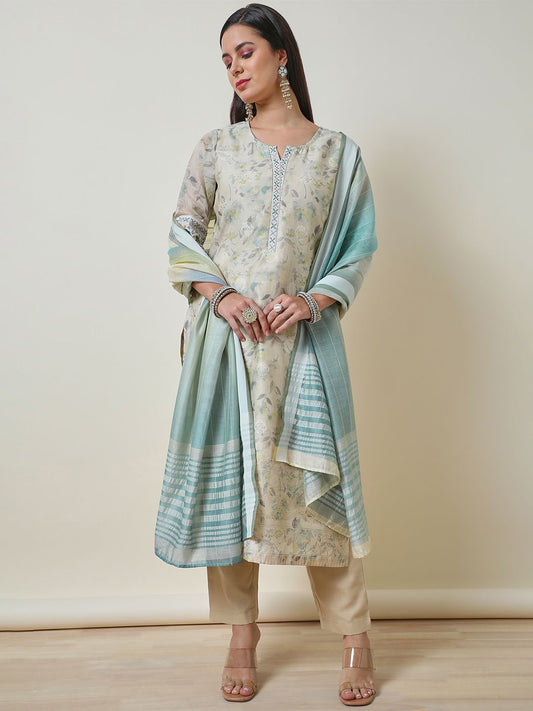 Dhiyona SO Women's Women Ethnic Motifs Printed Regular Thread Work Chanderi Cotton Kurta with Trousers & With Dupatta