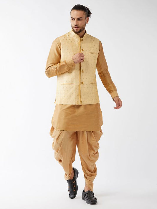 Men's Rose Gold Silk Blend Straight Jacket  Kurta and Dhoti Set