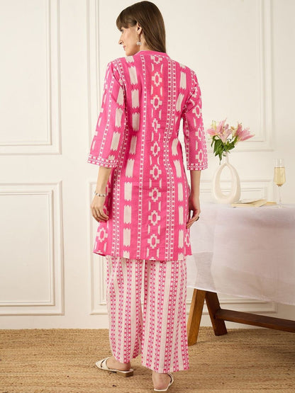 Floral Printed Thread Work Pure Cotton Kurta With Palazzos