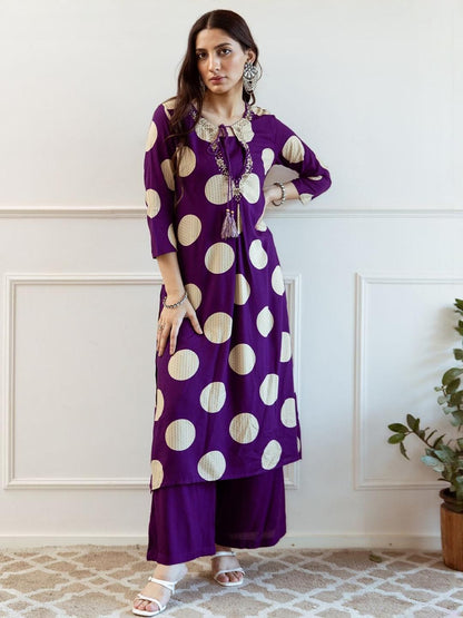 Dhiyona IE Printed & Embroidered A-Line Tunic & Trousers Co-Ord Set