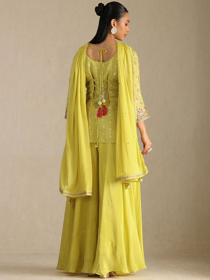 Dhiyona SO Women's Floral Embroidered Round Neck Sequinned Straight Tissue Kurti With Palazzos & Dupatta