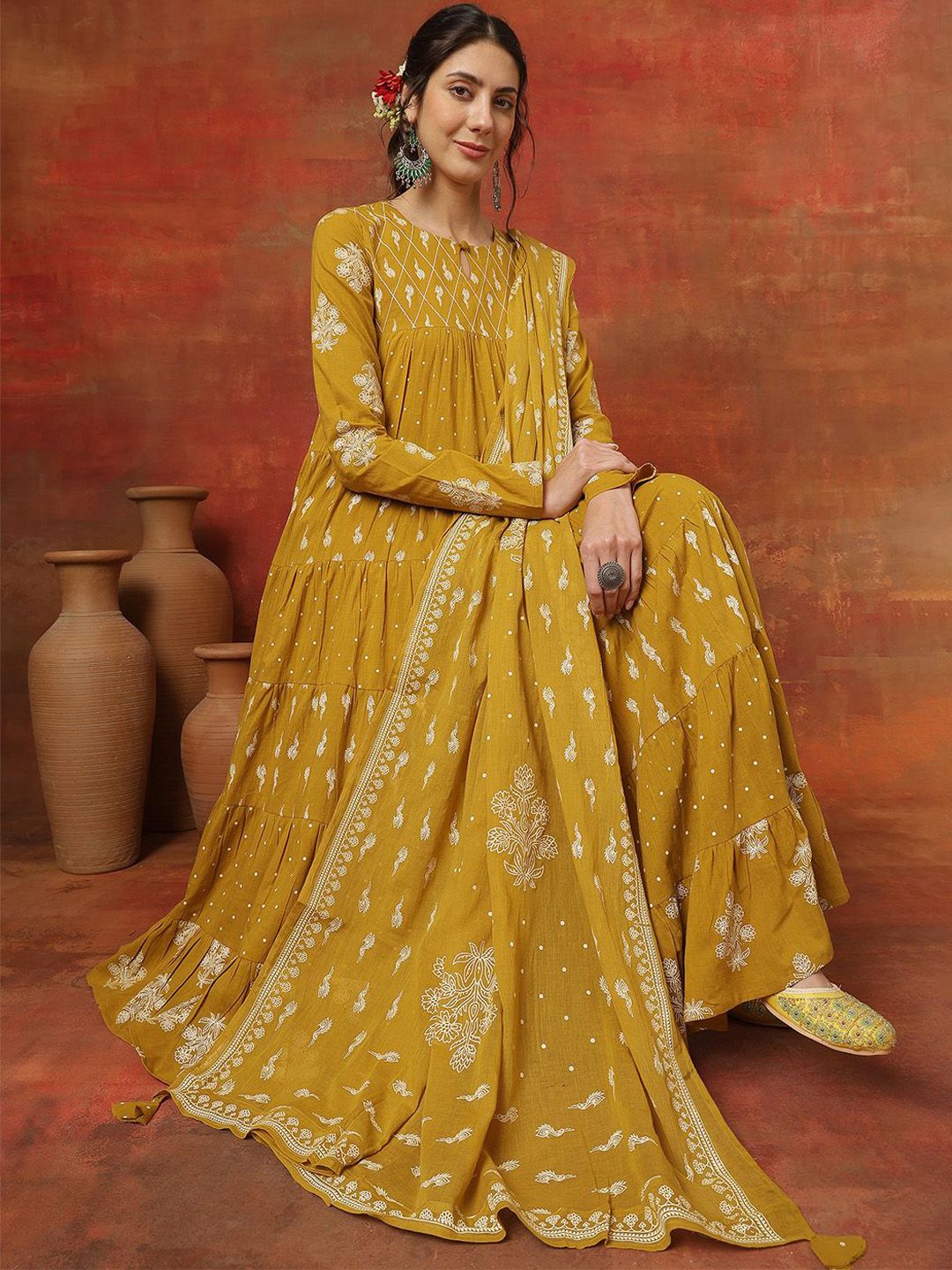Dhiyona SN Women's Printed Pure Cotton Key Hole-Neck Anarkali Kurta & Trousers With Dupatta