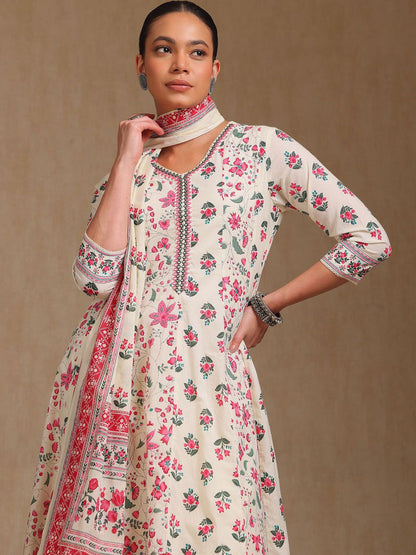 Dhiyona SO Women's Floral Printed V-Neck A-Line Kurta With Trousers And Dupatta