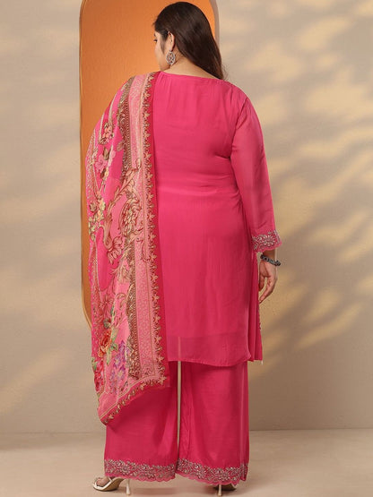 Dhiyona Women's Plus Size Embroidered V-Neck A-Line Kurta With Palazzos & Dupatta