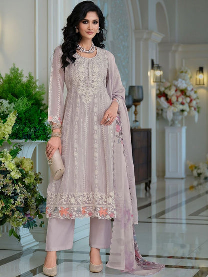 Floral Embroidered Thread Work Organza A-Line Kurta & Trousers With Dupatta