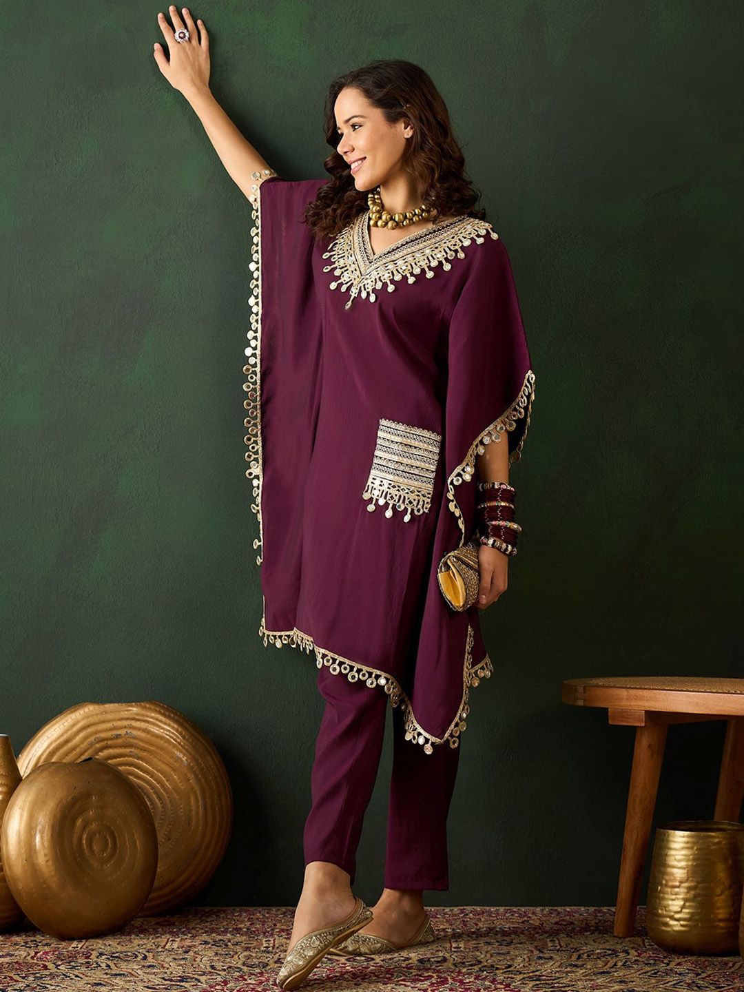 Dhiyona SN Women's Burgundy Geometric Embroidered V-Neck Mirror Work Kaftan With Trousers