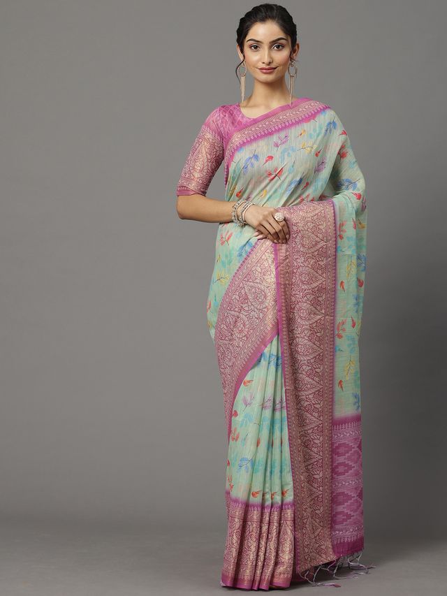 Women's Soft Silk Sea Green Printed Designer Saree With Blouse Piece