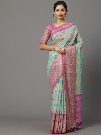 Women's Soft Silk Sea Green Printed Designer Saree With Blouse Piece