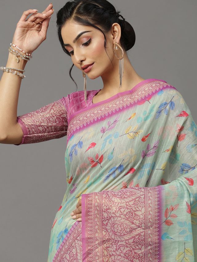 Women's Soft Silk Sea Green Printed Designer Saree With Blouse Piece