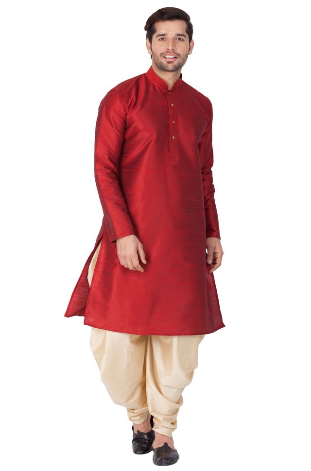 Men's Maroon Silk Blend Straight Kurta and Dhoti Set