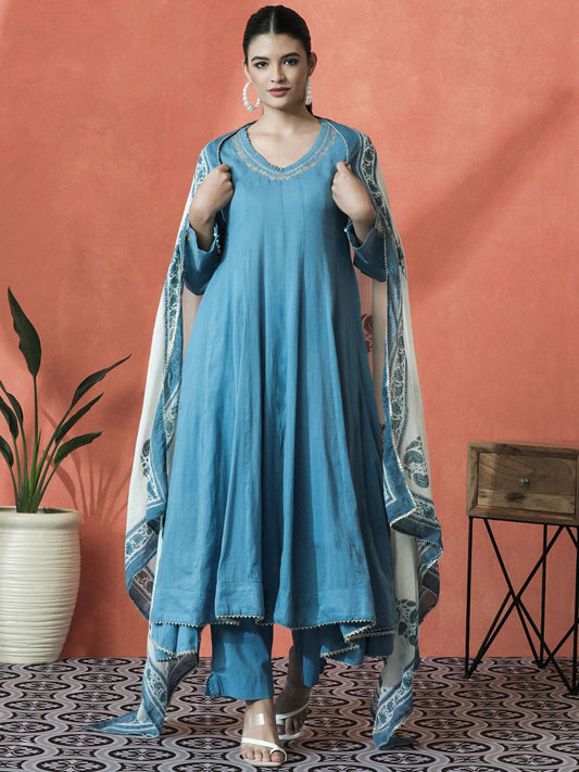 Dhiyona SN Women's V-Neck Panelled Zari Pure Cotton A-Line Kurta With Trouser And Dupatta