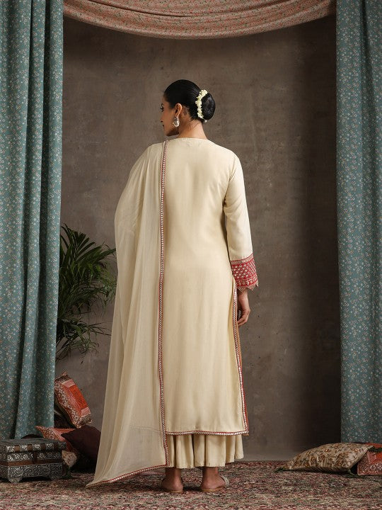 Women's Geometric Embroidered Mirror Work A-Line Kurta With Sharara & Dupatta