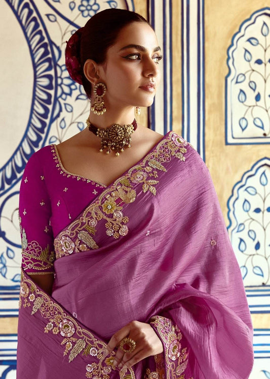 Dhiyona KM Women Purple Designer Tissue Silk Saree