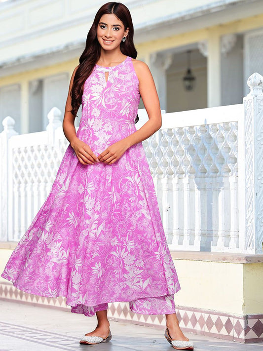 Dhiyona VA Women's Floral Printed Empire Pure Cotton Kurta with Trousers