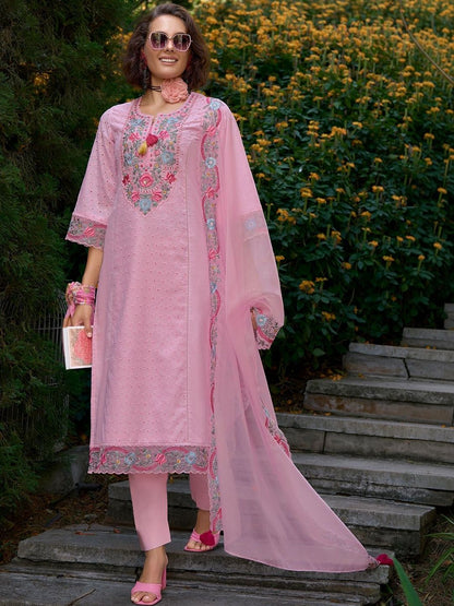 Women Floral Embroidered Regular Thread Work Pure Cotton Kurta with Trousers & With Dupatta