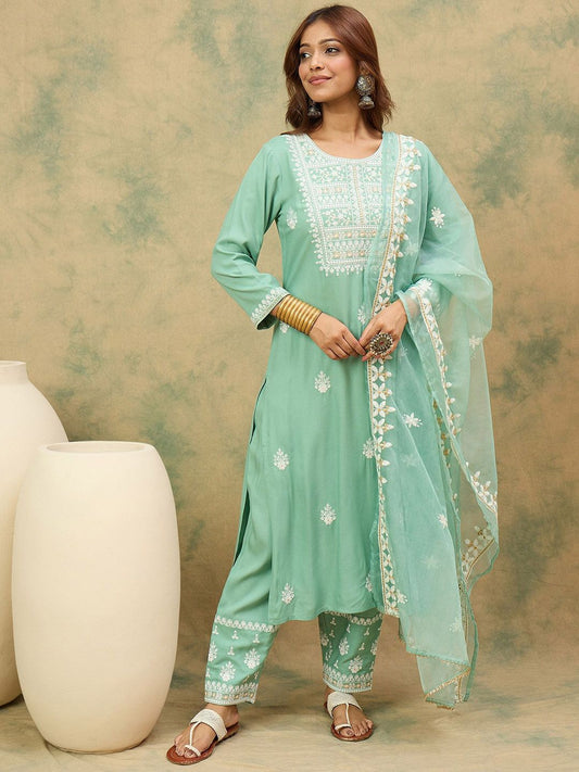 Dhiyona VA Women's Ethnic Motifs Embroidered Round Neck Straight Kurta with Trousers & Dupatta