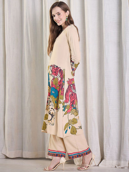 Dhiyona IE Printed Pure Cotton V-Neck Top With Palazzos Co-Ords