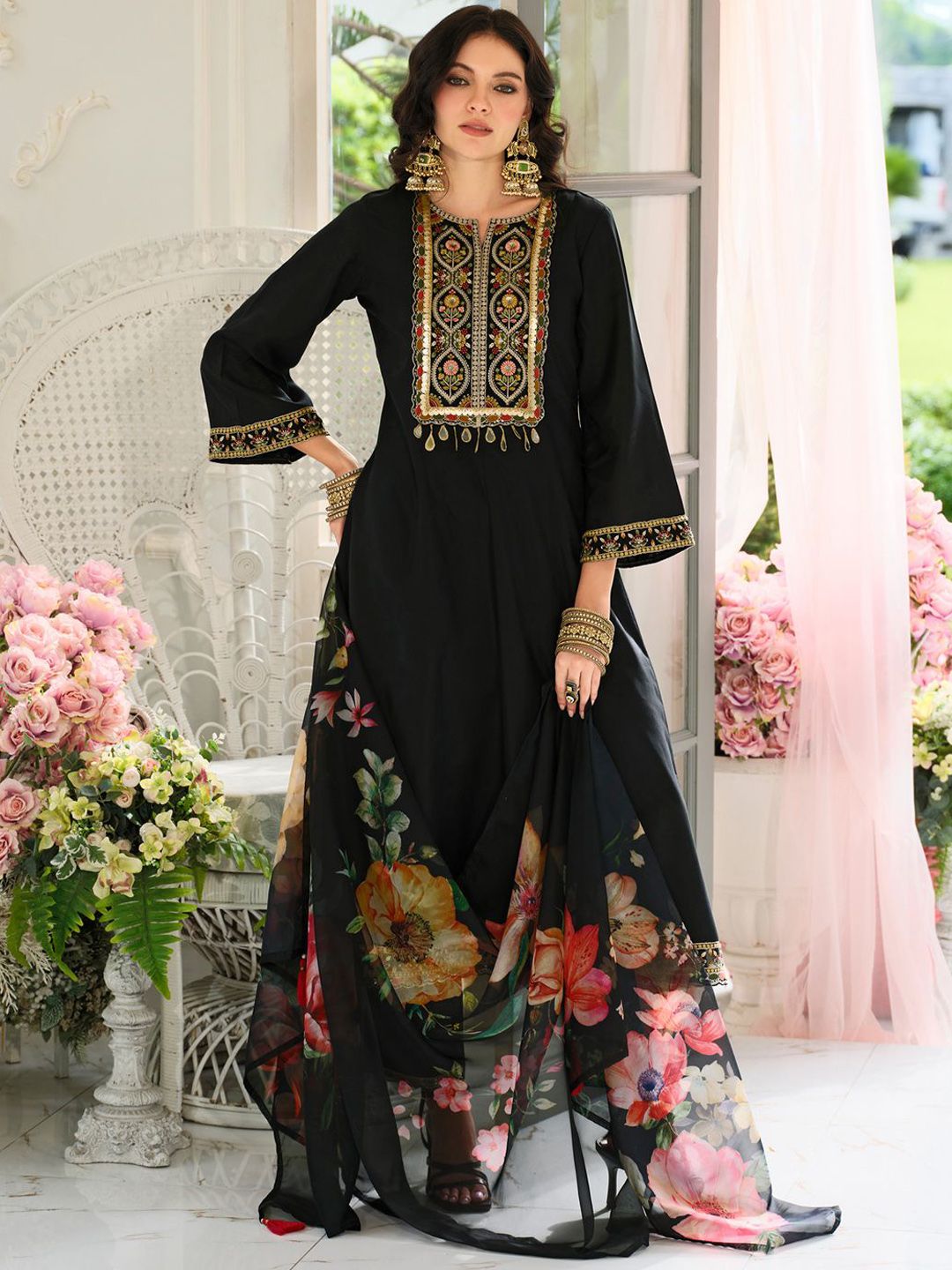 Floral Yoke Design Panelled Sequinned A-Line Kurta With Trousers & Dupatta