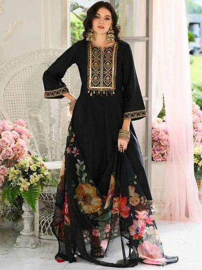 Floral Yoke Design Panelled Sequinned A-Line Kurta With Trousers & Dupatta