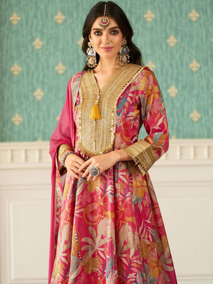 Floral Printed V-Neck Zari Anarkali Kurta & Trousers With Dupatta
