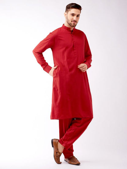 Men's Maroon Cotton Blend Pathani Kurta and Patiala Set