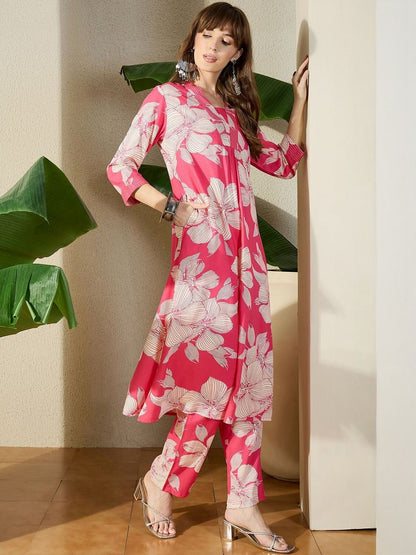 Women Pink Printed A-Line Kurta Trousers Set