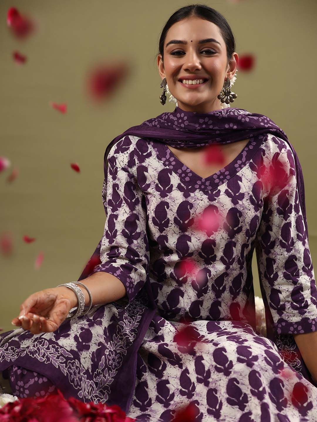 Paisley Printed Regular Pure Cotton Straight Kurta with Trousers & Dupatta