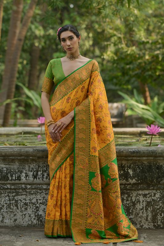 Yellow Green Pashmina Silk Saree