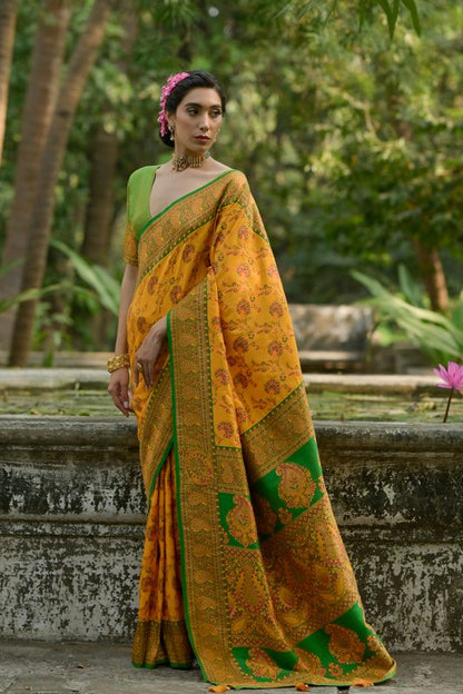 Yellow Green Pashmina Silk Saree