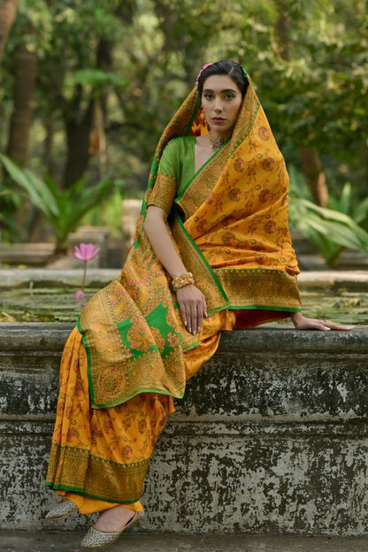 Yellow Green Pashmina Silk Saree