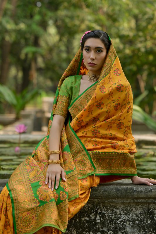 Yellow Green Pashmina Silk Saree