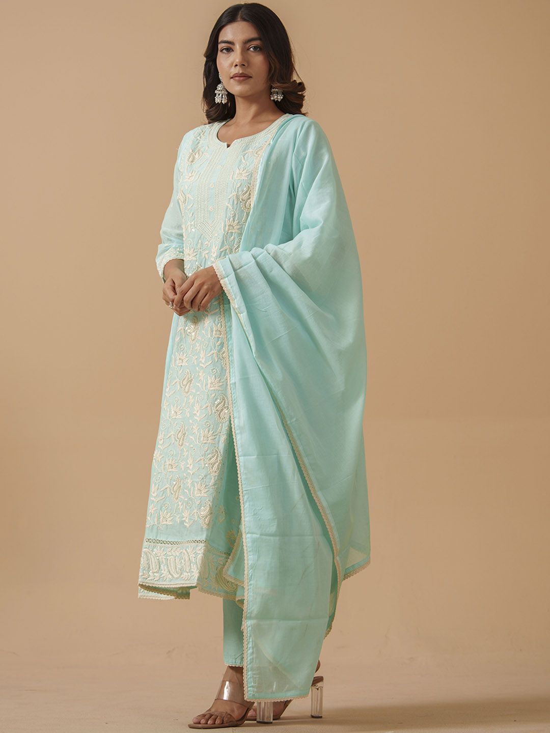 Dhiyona PD Women Women Pure Cotton Embroidered Cotton Kurta Trousers & Dupatta