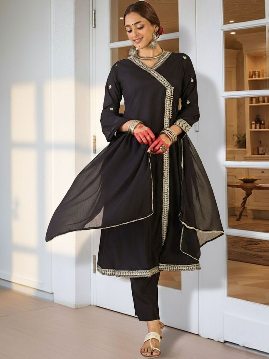 Women Ethnic Motifs Embroidered Angrakha Thread Work Kurta with Trousers & With Dupatta