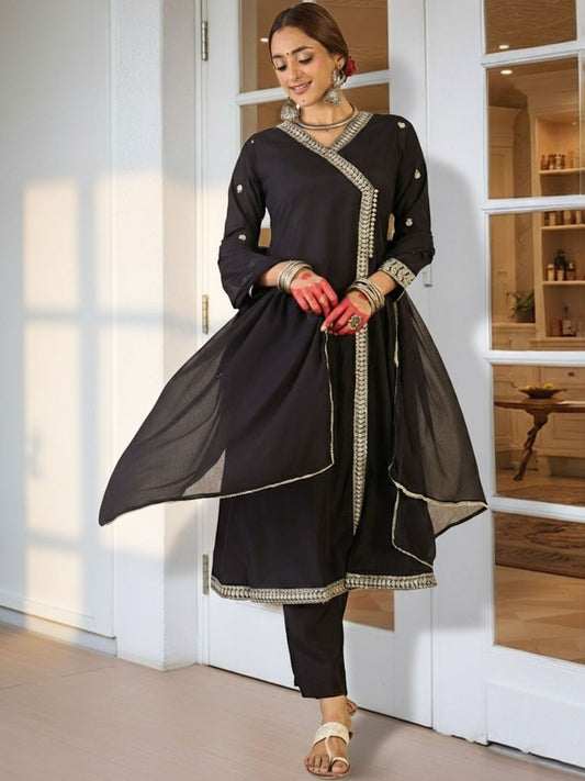 Women Ethnic Motifs Embroidered Angrakha Thread Work Kurta with Trousers & With Dupatta