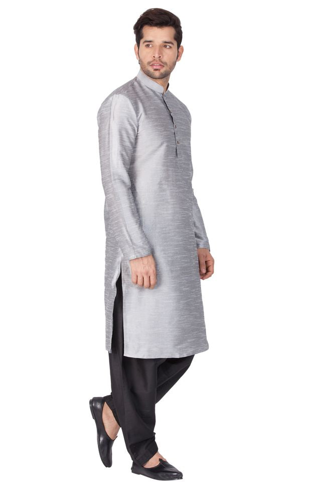 Men's Grey Silk Blend Straight Kurta and Dhoti Set