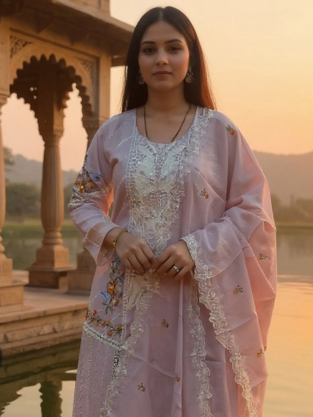 Dhiyona IE Women Floral Embroidered Cotton Kurta with Trousers & Dupatta