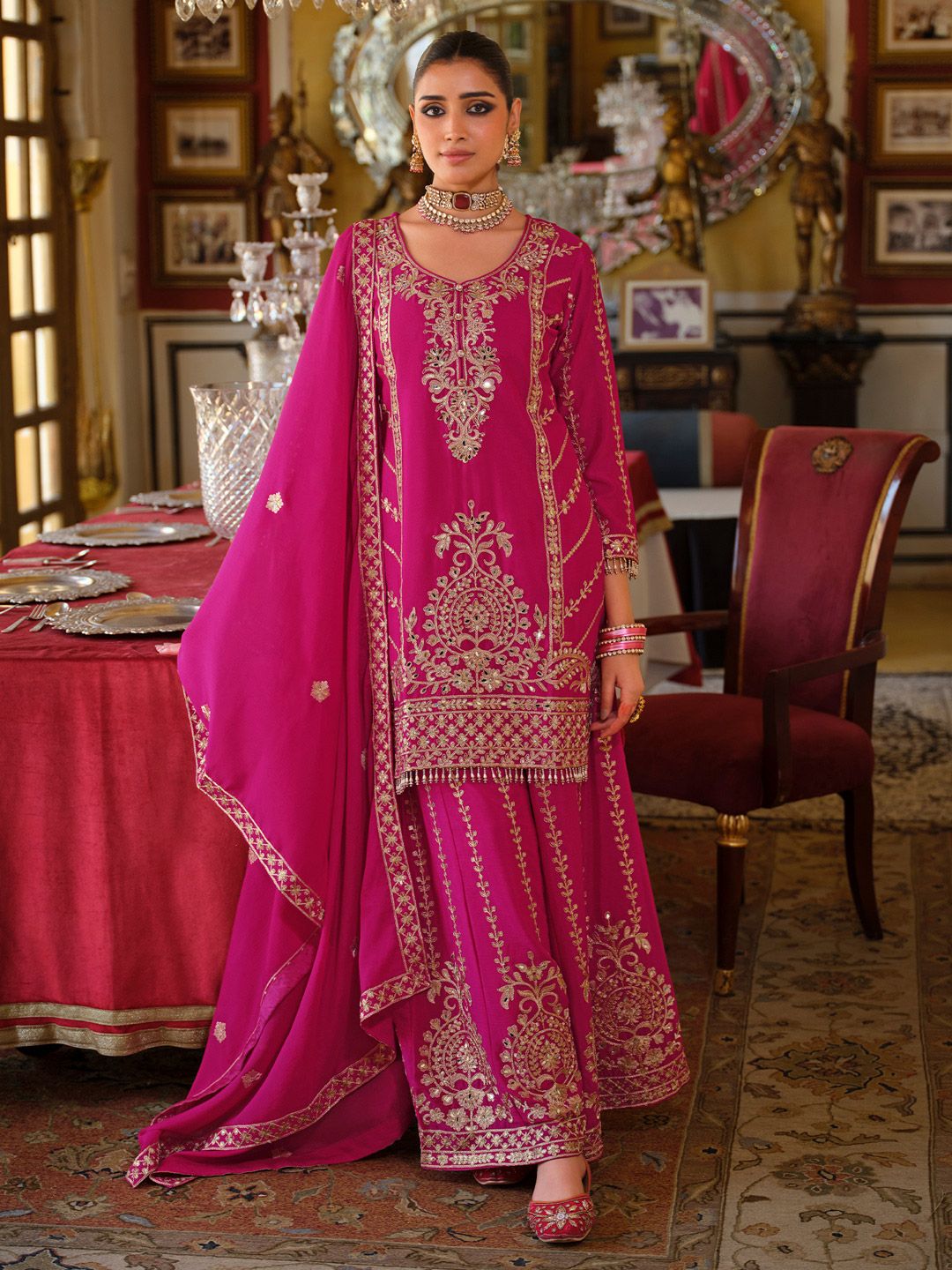 Women Ethnic Motifs Embroidered Regular Mirror Work Kurta & Palazzos With Dupatta