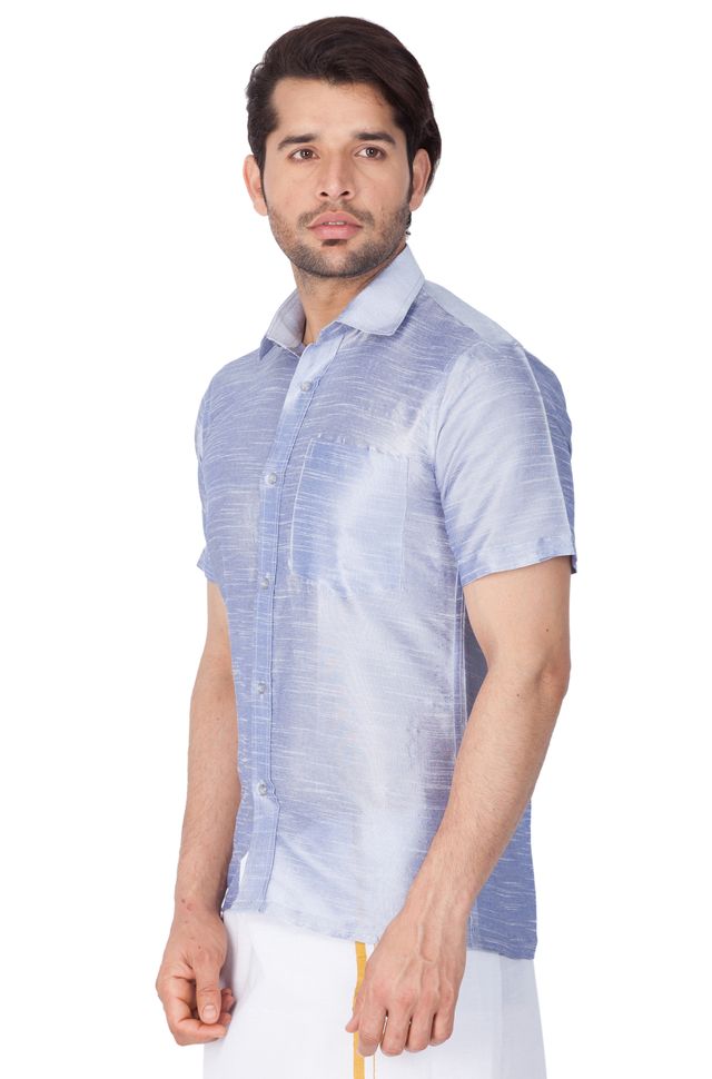 Men's Light Blue Silk Blend Straight Ethnic Shirt