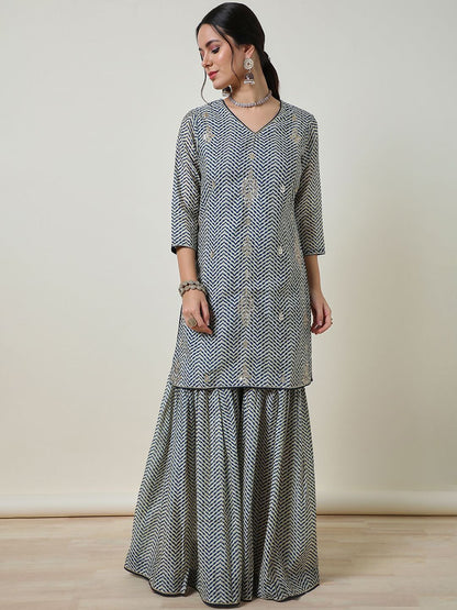 Dhiyona SO Women's Women Printed Regular Gotta Patti Chanderi Silk Kurta with Sharara & With Dupatta