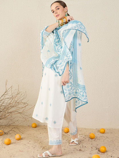 Floral Embroidered Straight Pure Cotton Kurta With Trousers & Dupatta