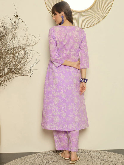 Floral Printed V-Neck A-Line Pure Cotton Kurta with Trousers