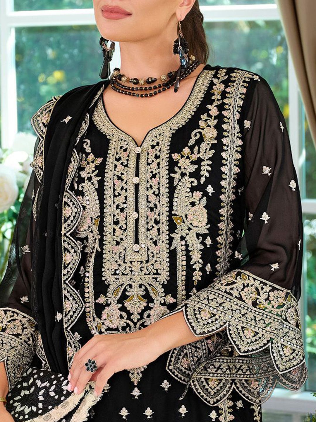 Ethnic Motifs Embroidered V-Neck Straight Kurta With Trousers & Dupatta